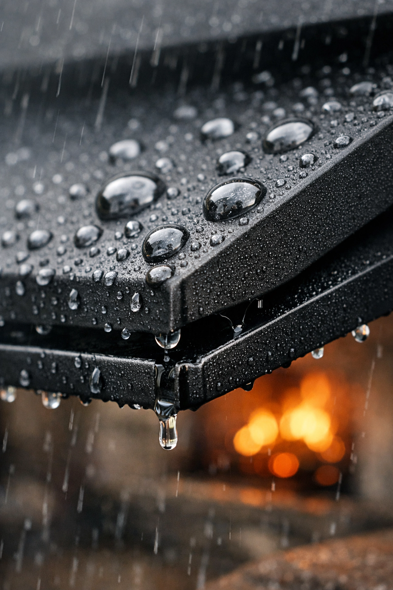 Raindrops beading on black waterproof aluminum louvre blades with an integrated gutter for outdoor protection.