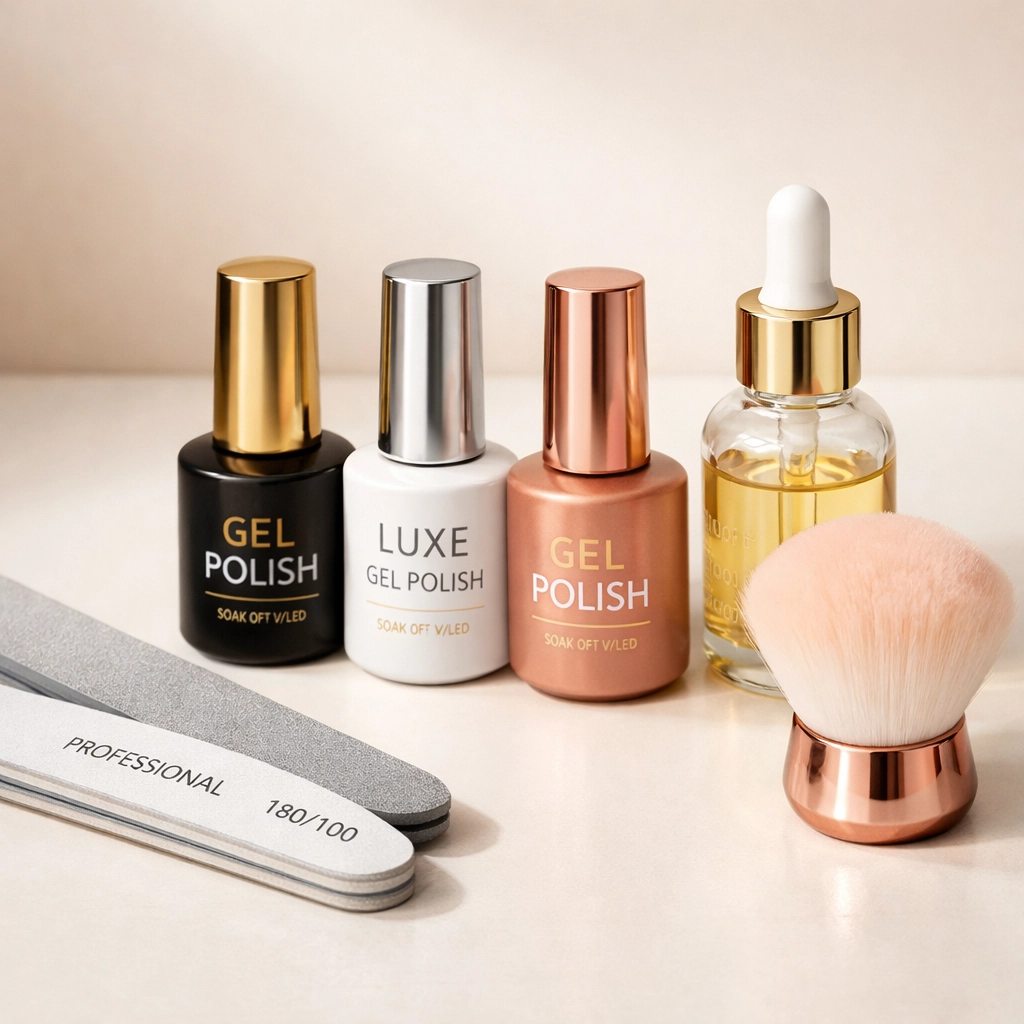 Premium nail care products including gel polish, files, and cuticle oil for quality service