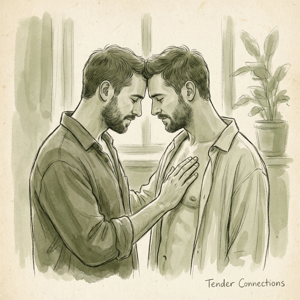 Tender moment between two men with intimate touch illustrating gay love story connection