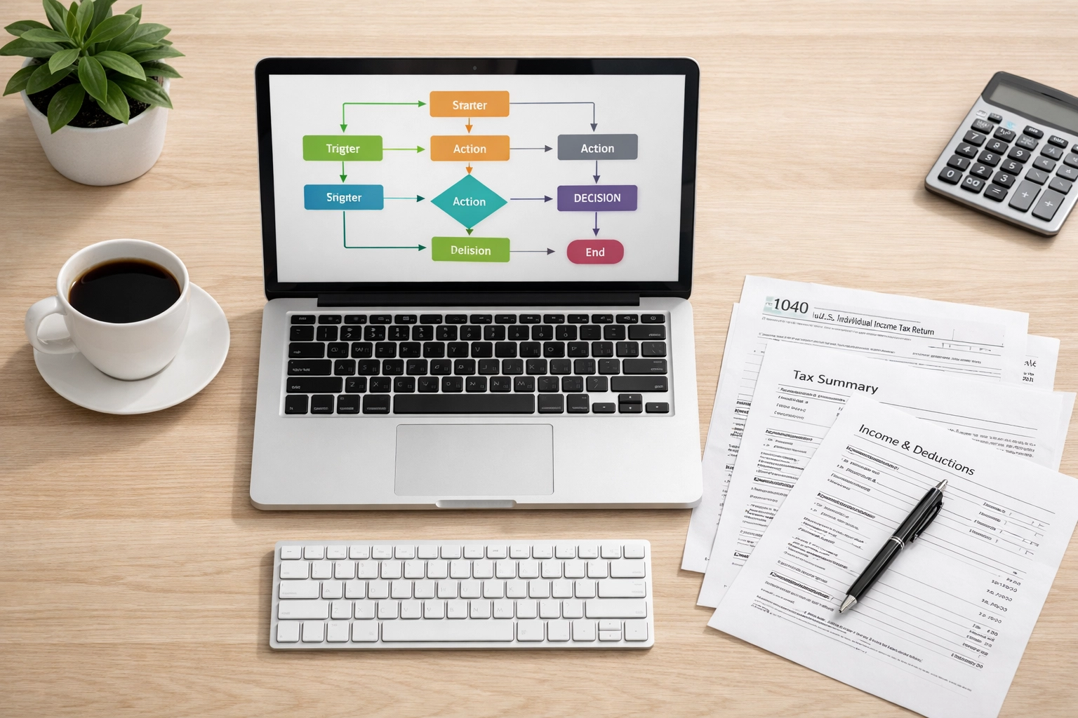 Modern office desk with laptop displaying workflow automation for ERO tax operations