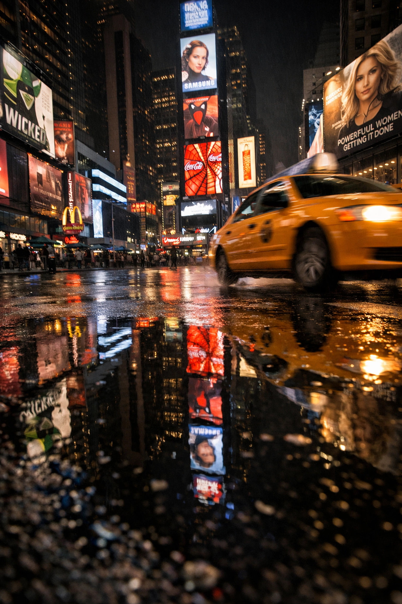 Times Square at night with neon light reflections and a yellow taxi, a high-energy NYC photo spot on a rainy evening.