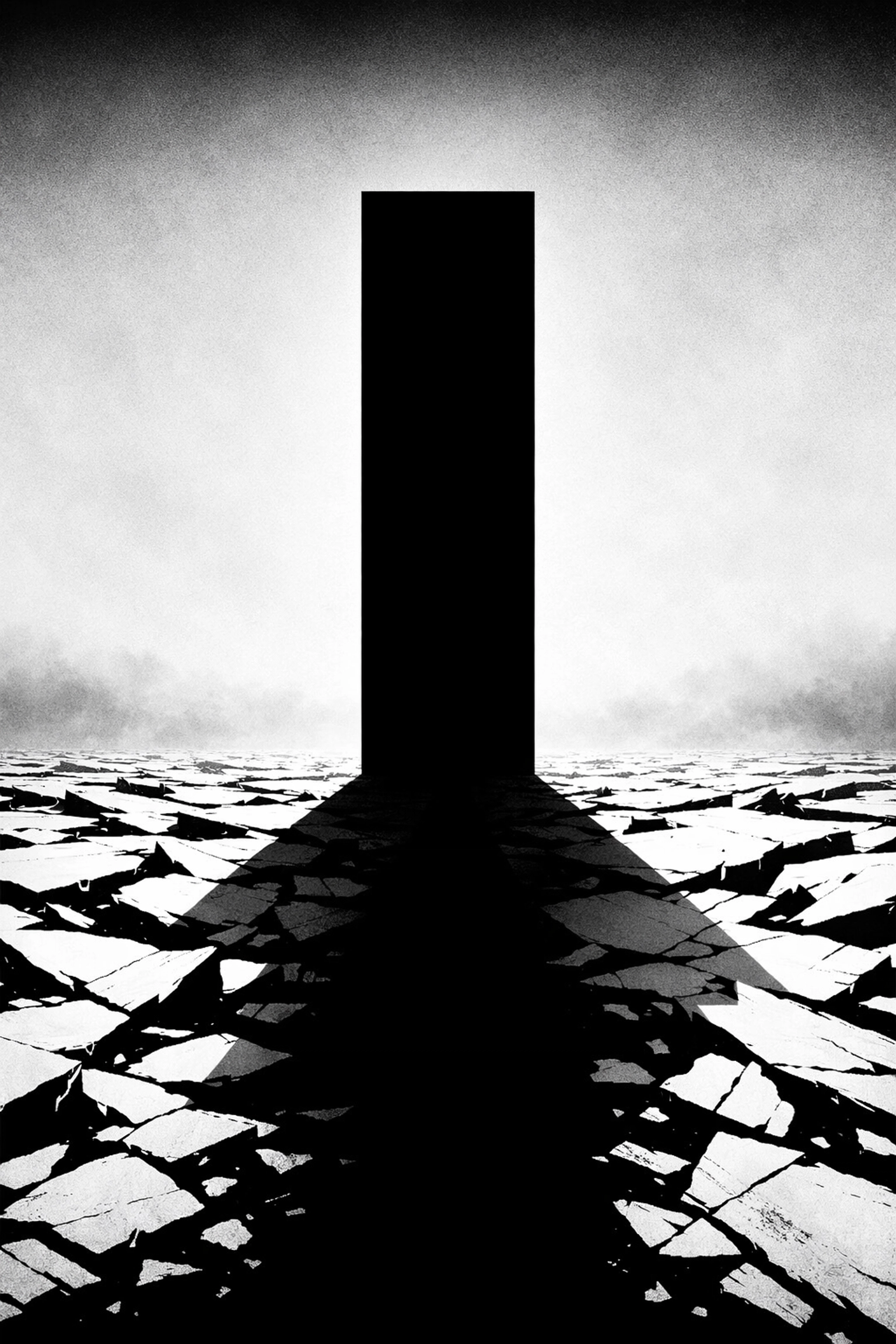 A black monolith rising above shattered fragments, representing authority and narrative conviction.