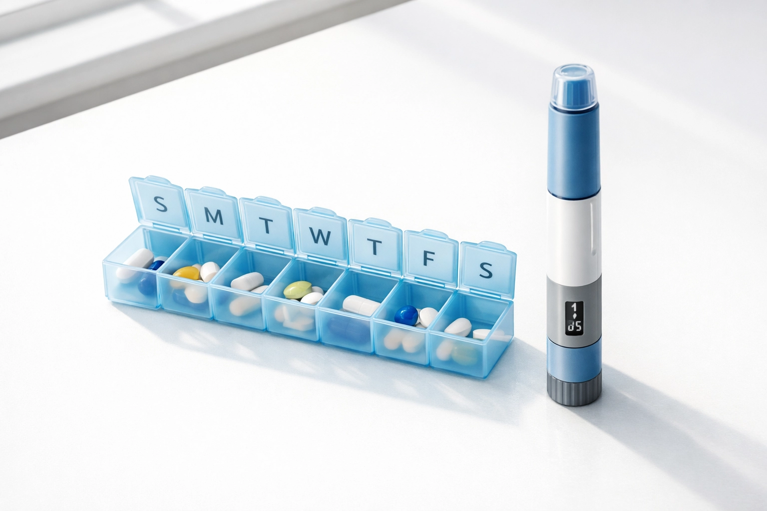Daily pill organizer and weekly injection pen showing oral and injectable Wegovy alternatives