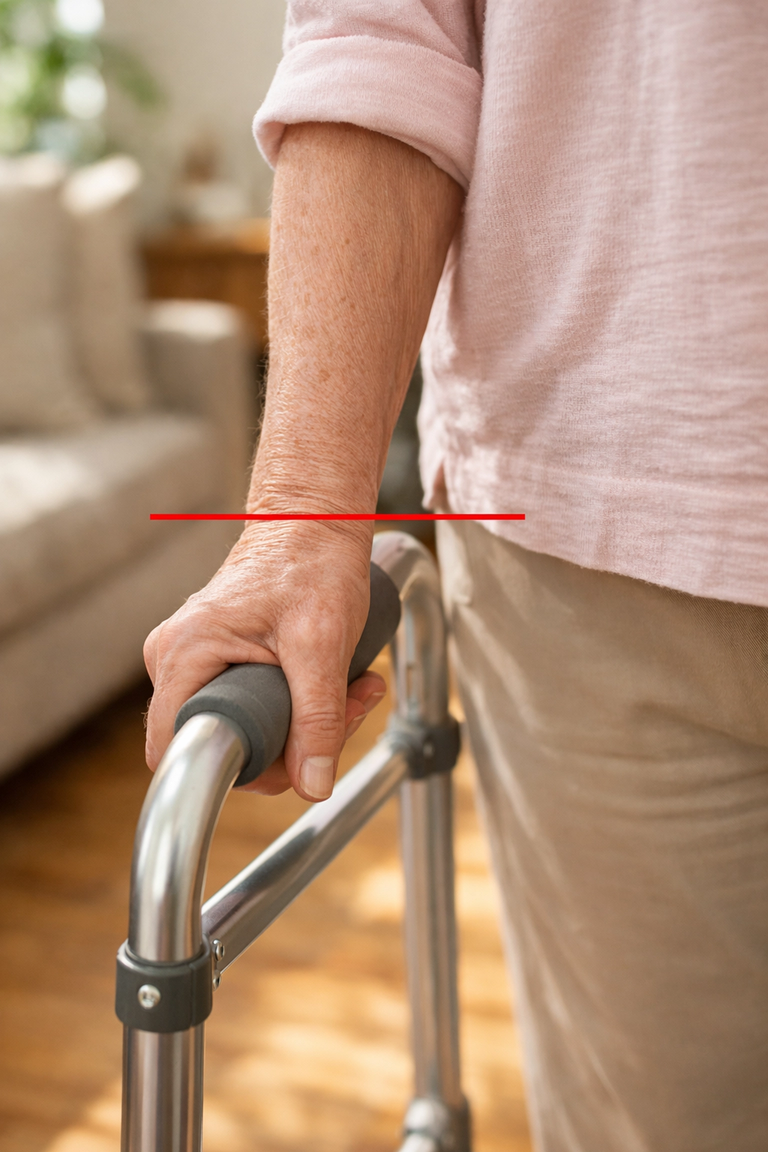 A senior woman adjusts a silver walker to the correct height by aligning the handgrip with her wrist crease.
