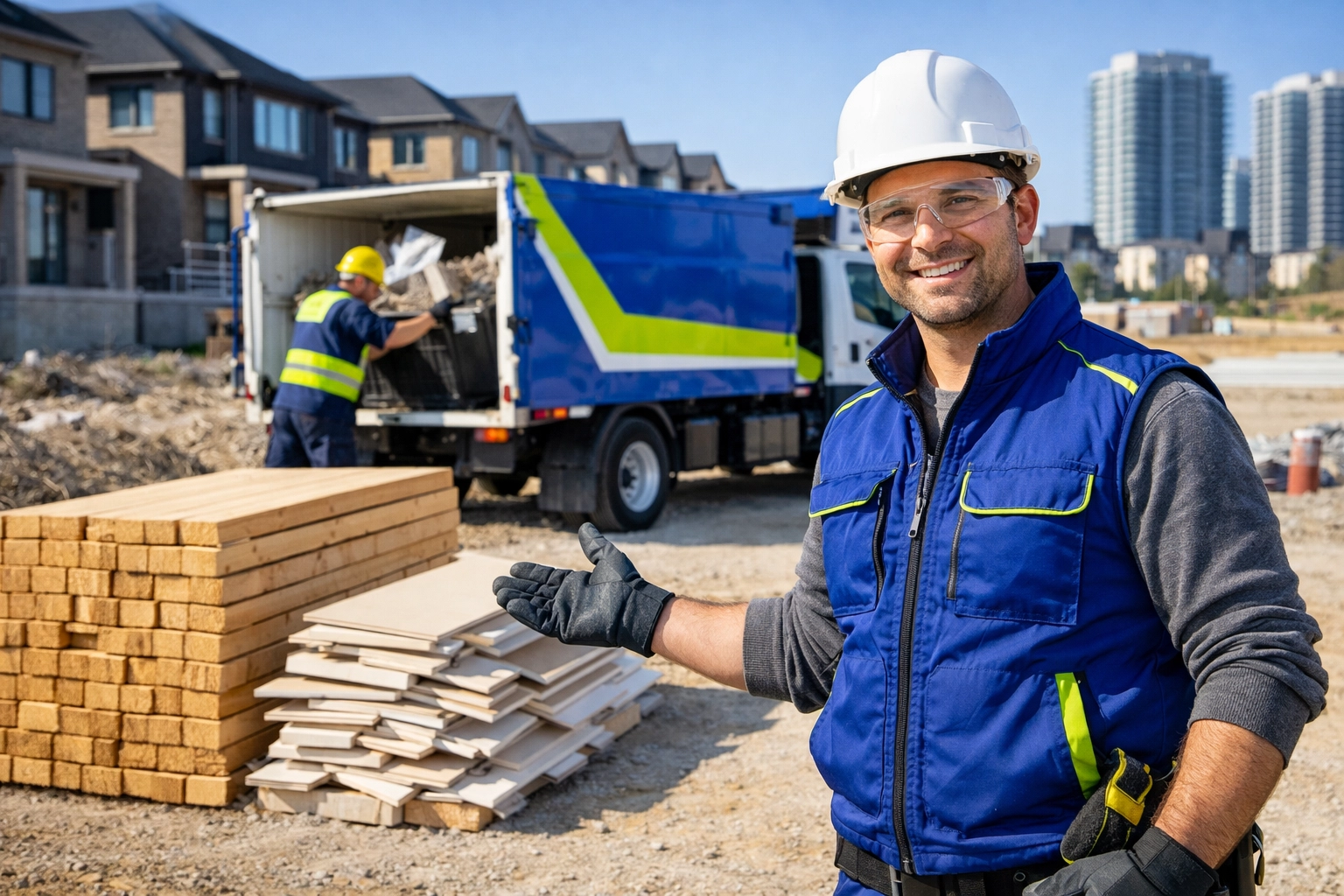 Roman from Junk GTA overseeing efficient construction wood and drywall recycling at a Vaughan project site.
