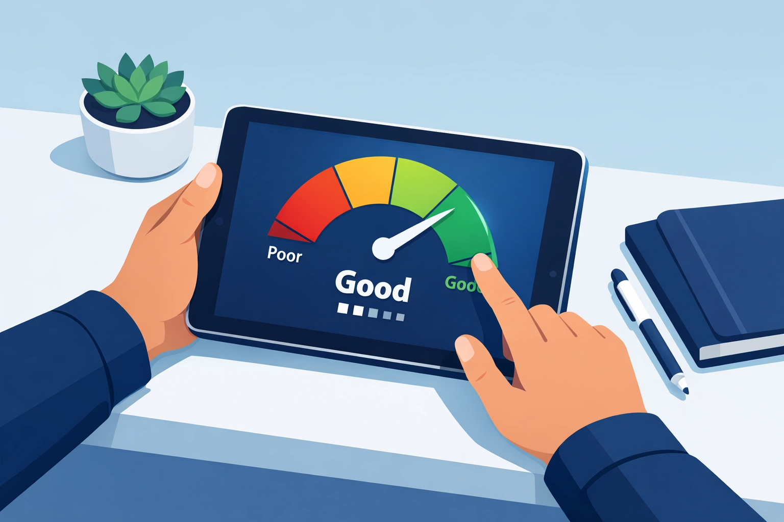 Monitoreo de crédito en tableta mostrando un puntaje alto para familias que buscan comprar casa.