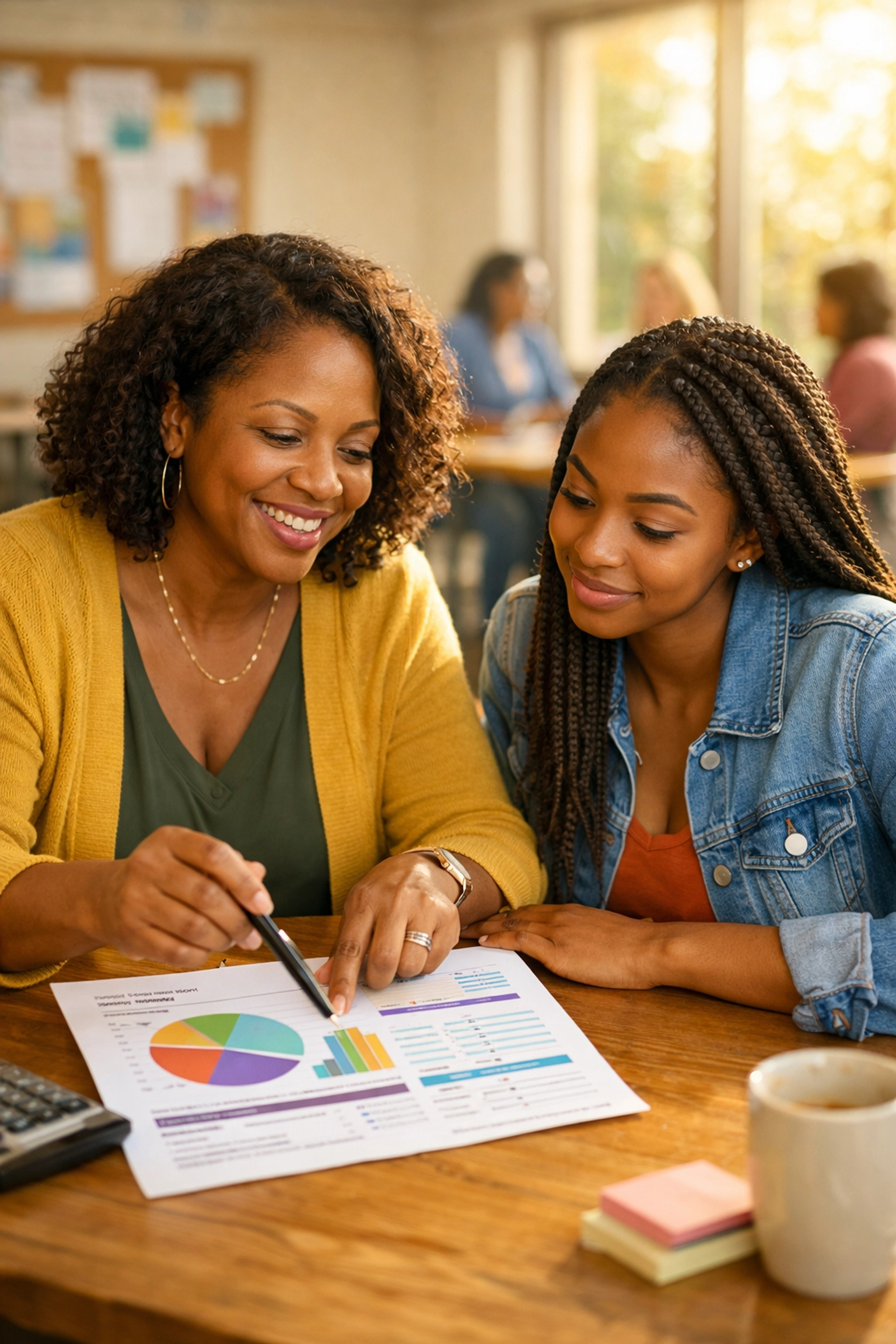 A dedicated non-profit leader teaching financial literacy and planning to a woman in a bright community center.
