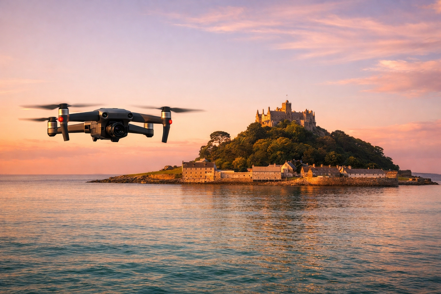 Professional drone for ashes scattering over the sea with views of St Michael’s Mount in Marazion.