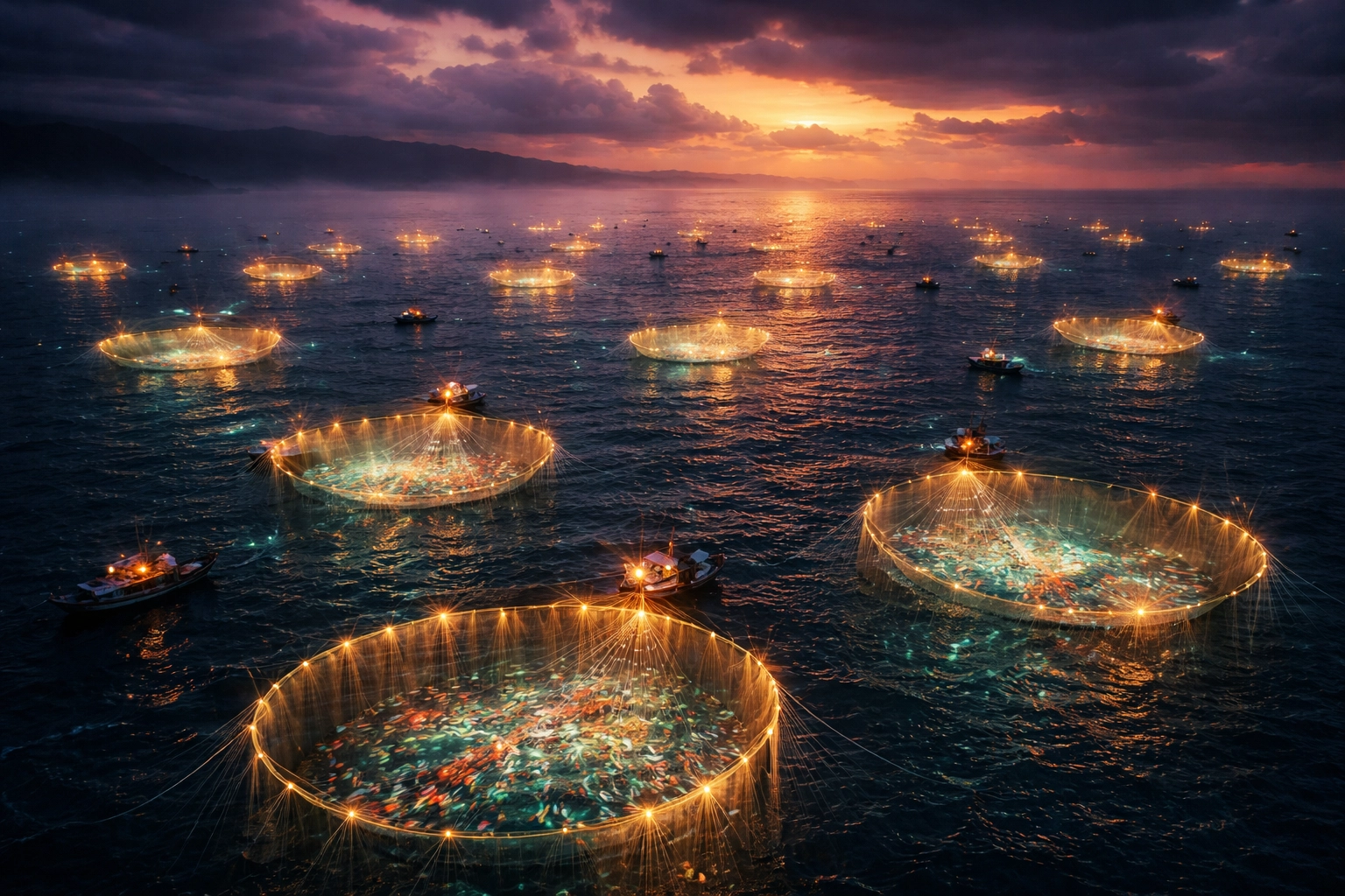An ocean at dusk with many small glowing nets, symbolizing targeted audience discovery in fragmented streaming.