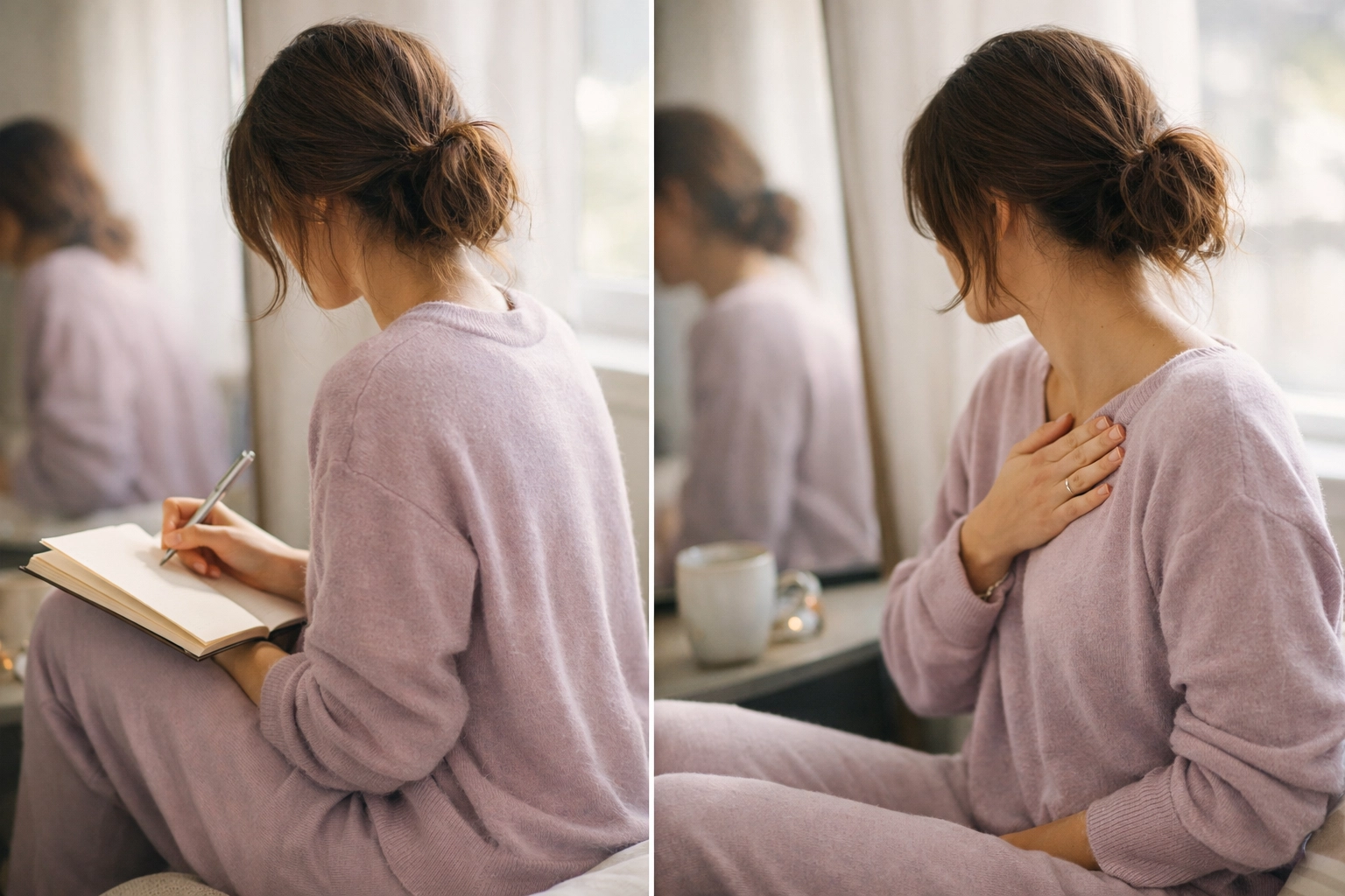 Self-compassion practice showing woman and her kinder reflection