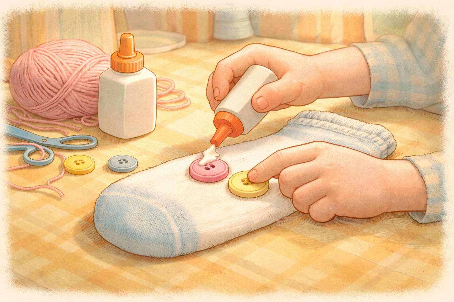 Close-up illustration of a child gluing mismatched buttons onto a green sock puppet on a kitchen table, highlighting easy DIY puppet making.