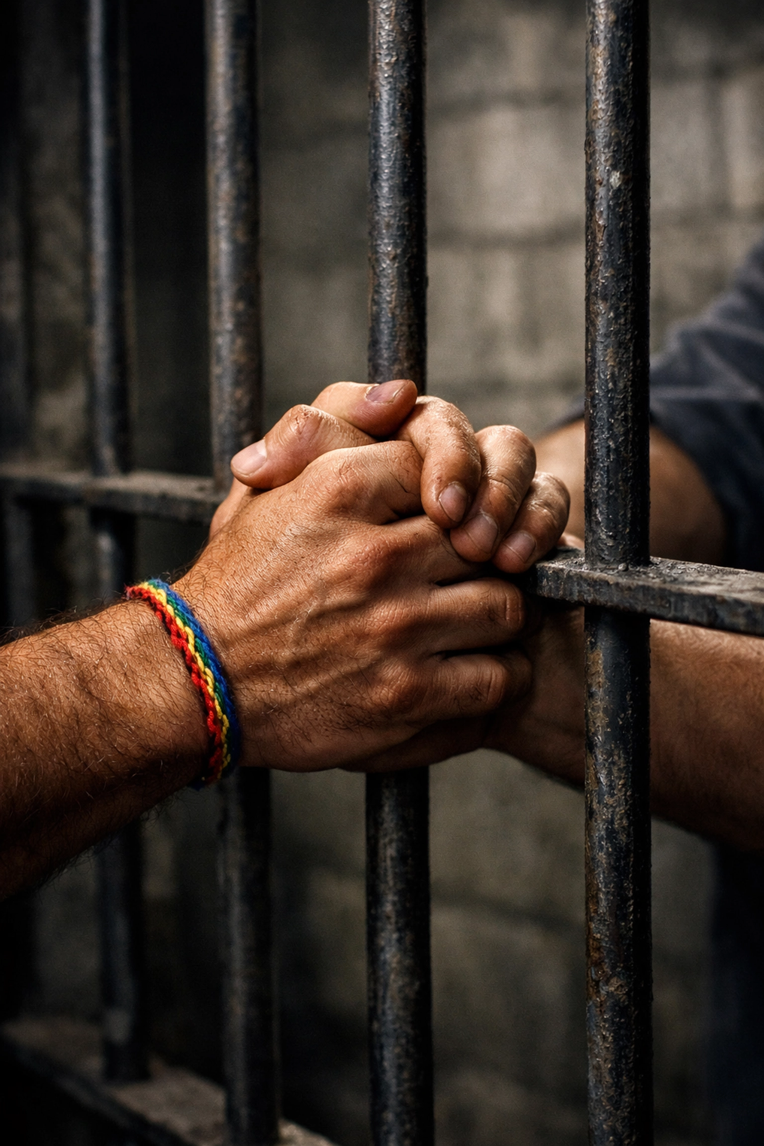 Two gay men holding hands through prison bars, finding connection and love in confinement