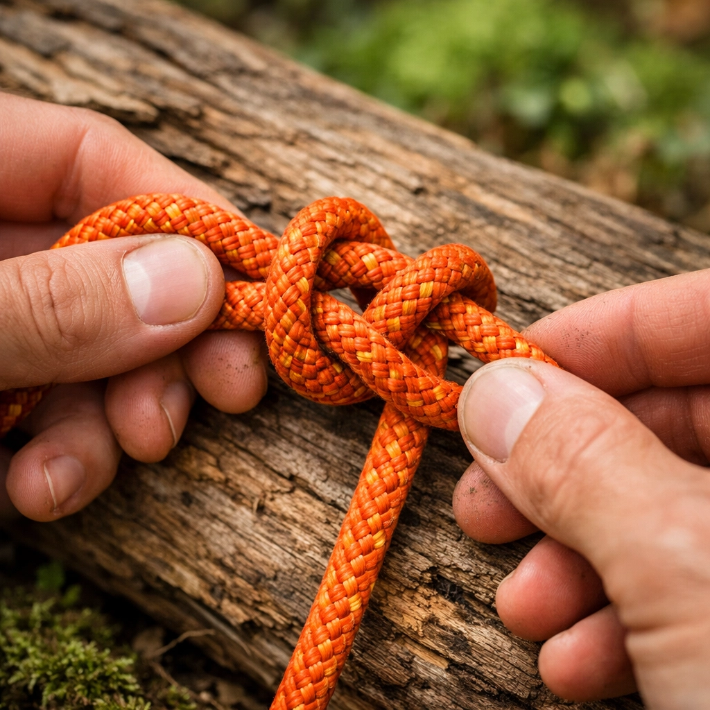 Hands tying a bowline knot with rope, key outdoor survival skill for UK camping