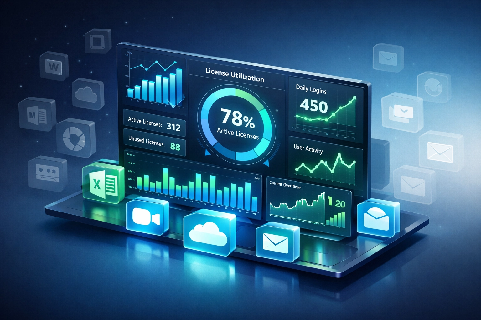 ServiceNow ITOM dashboard displaying license utilization metrics and unused software licenses
