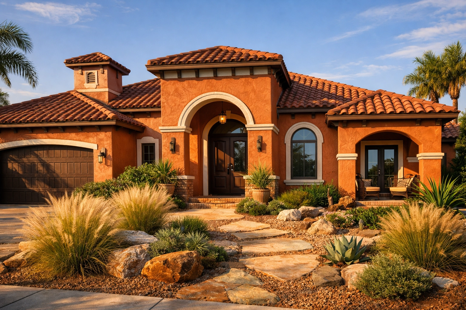 Terracotta painted Mediterranean-style Orlando home with arched doorways and tropical landscaping