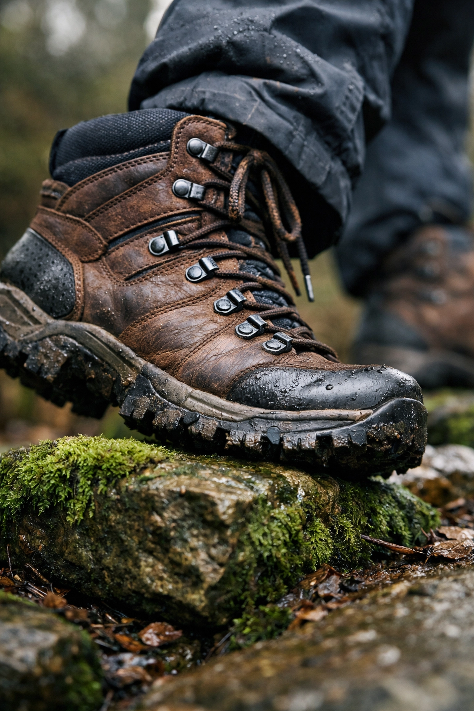 Close-up of waterproof leather hiking boots on a wet stone path in the UK mountains.