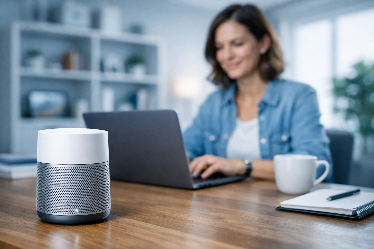 A professional working in a secure home office with a high-tech mesh WiFi node for protected connectivity.