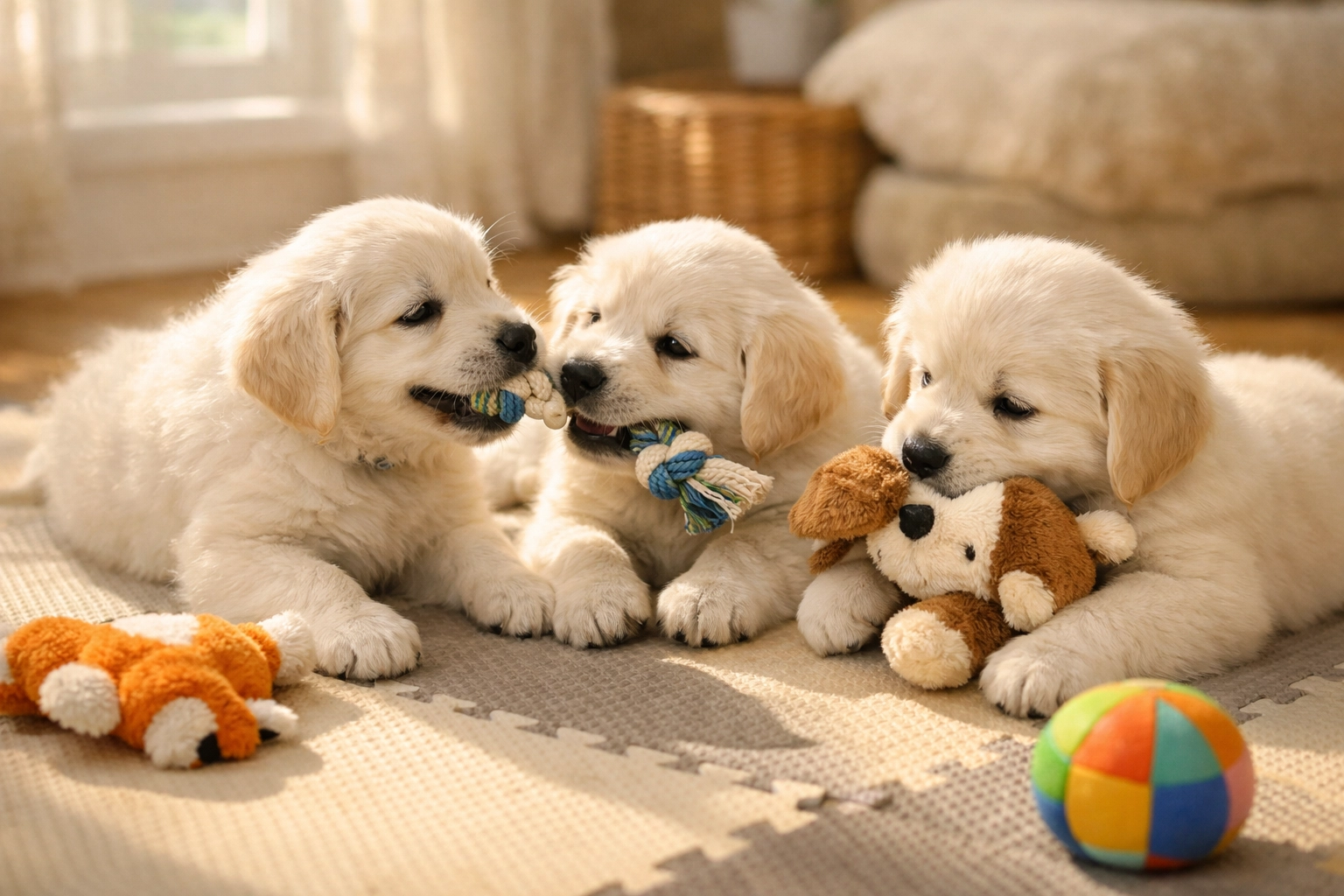 English Cream Golden Retriever puppies playing with enrichment toys during socialization