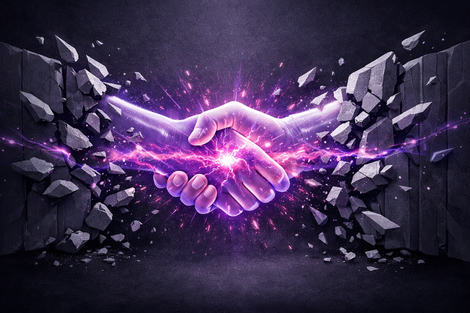 A handshake shattering bureaucratic barriers, highlighting the value of PMO consulting services and partnership.