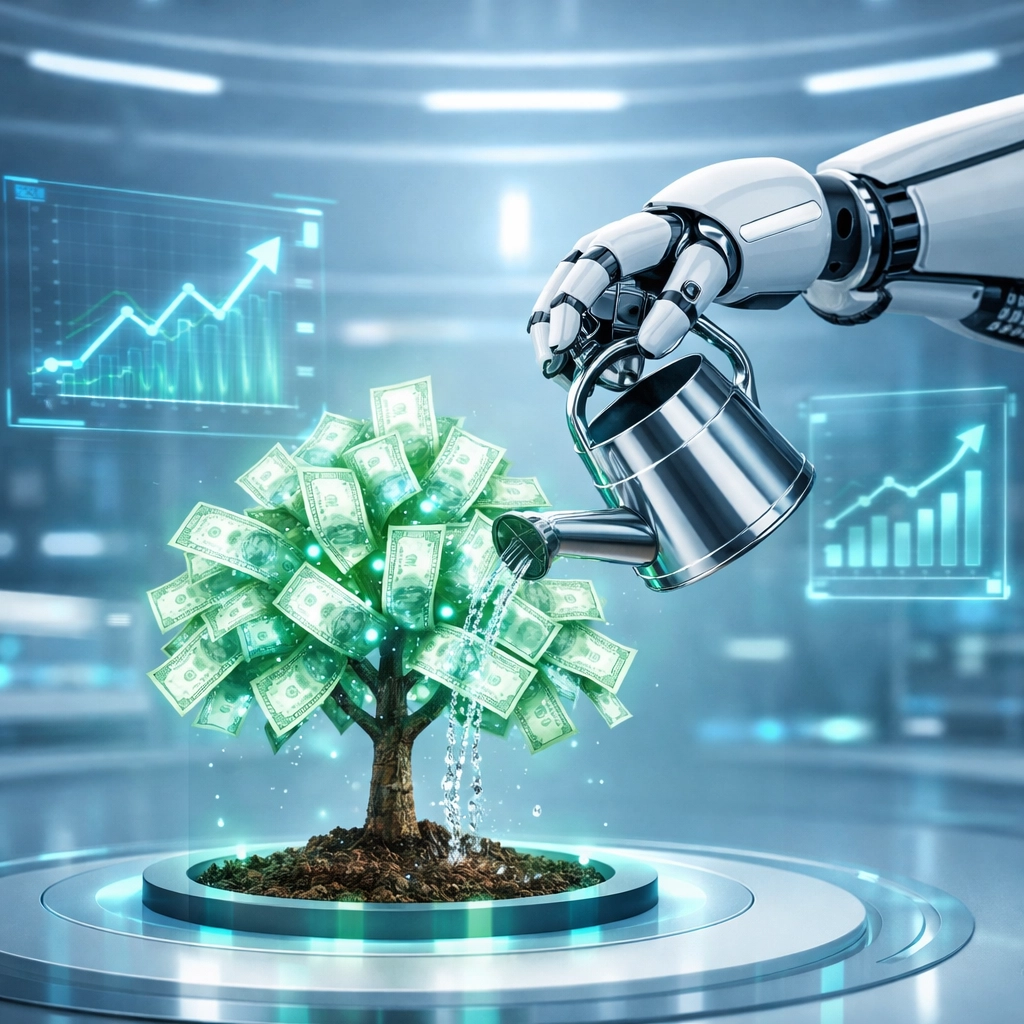 A robotic arm watering a glowing money tree, illustrating automated investing and wealth growth.