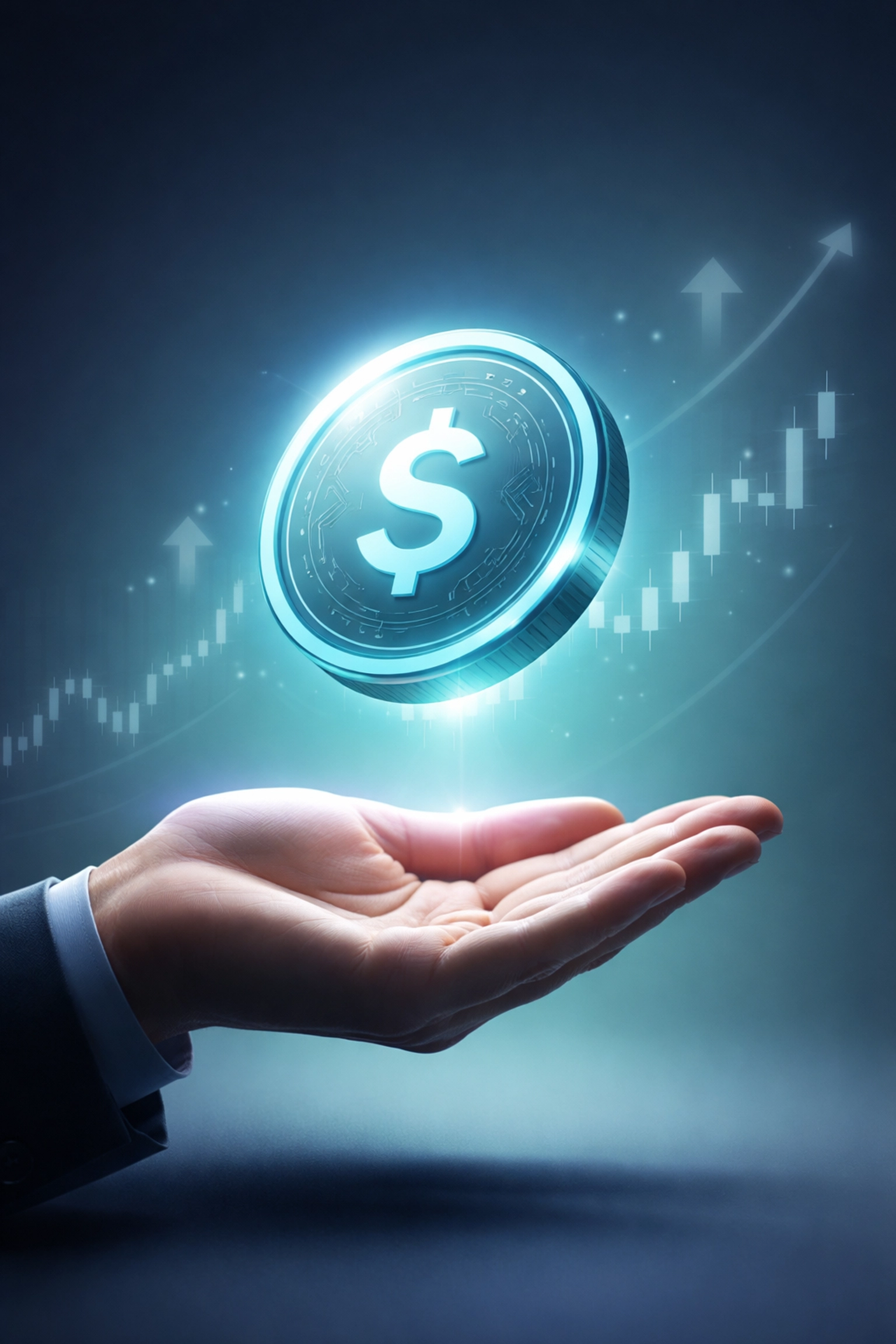 Glowing digital stablecoin above a hand symbolizing LUSD's dollar stability for small business crypto payments