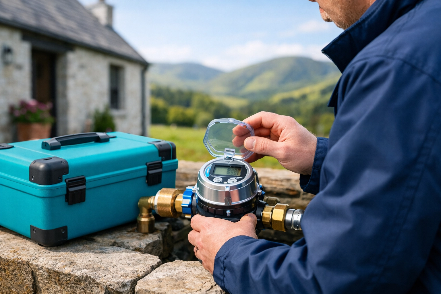 Modern water meter inspection at a Scottish holiday let to manage business water rates in Scotland.