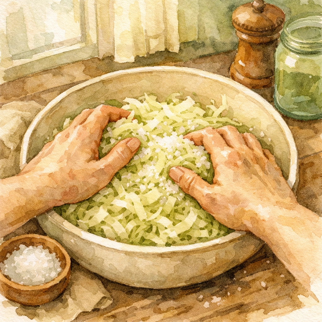 Hands massaging shredded cabbage with salt to make homemade sauerkraut