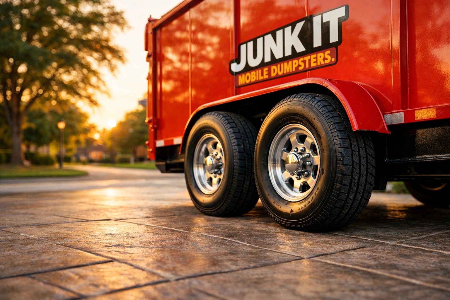 Rubber tire mobile dumpster protecting a concrete driveway during a junk removal project in League City.