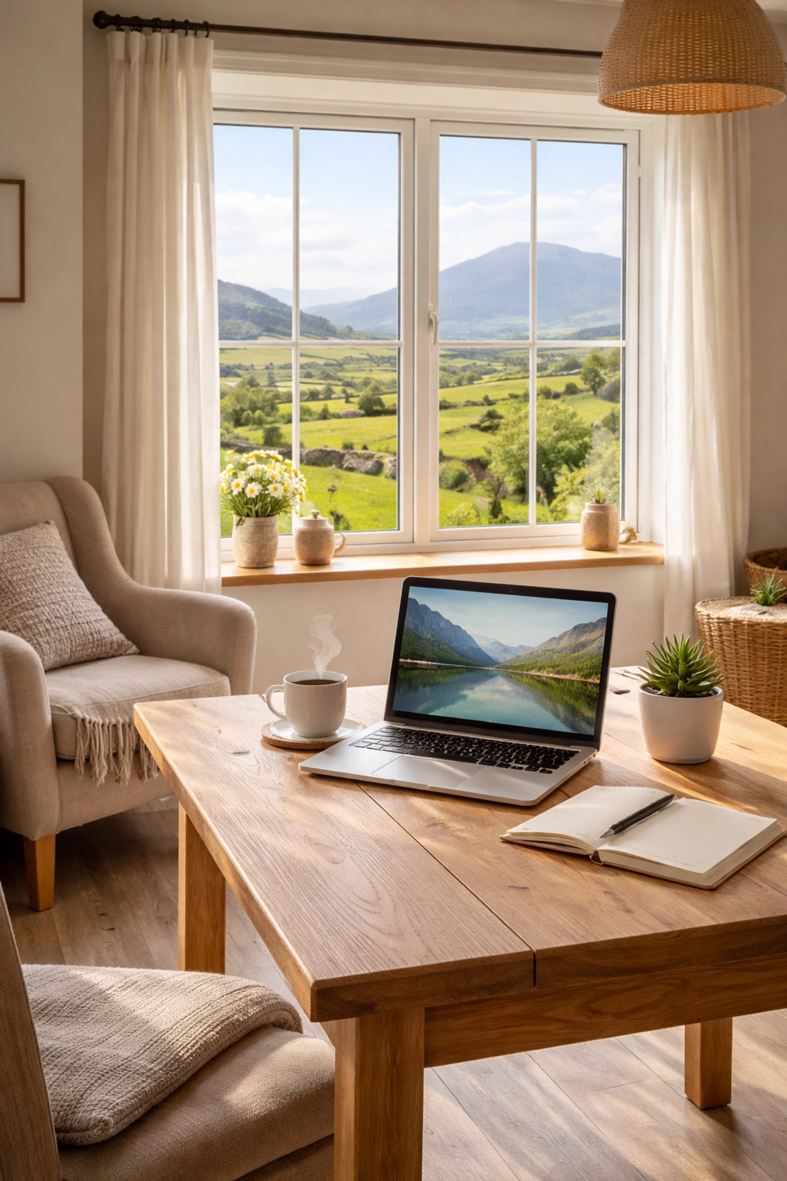 Bright home office in Irish holiday rental with table, laptop, and countryside view: perfect for remote work.