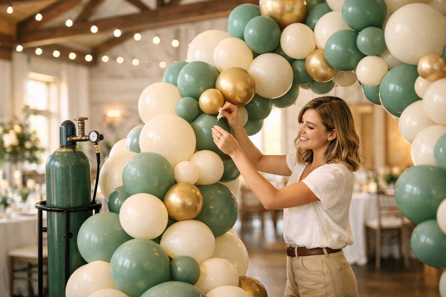 Professional decorator creating a large balloon arch in a venue using a refillable helium cylinder.