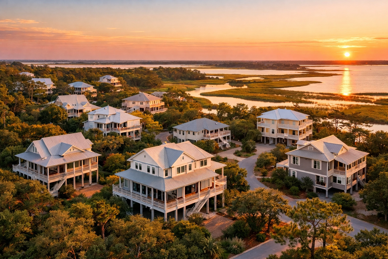 Aerial view of custom homes in coastal North Carolina waterfront community