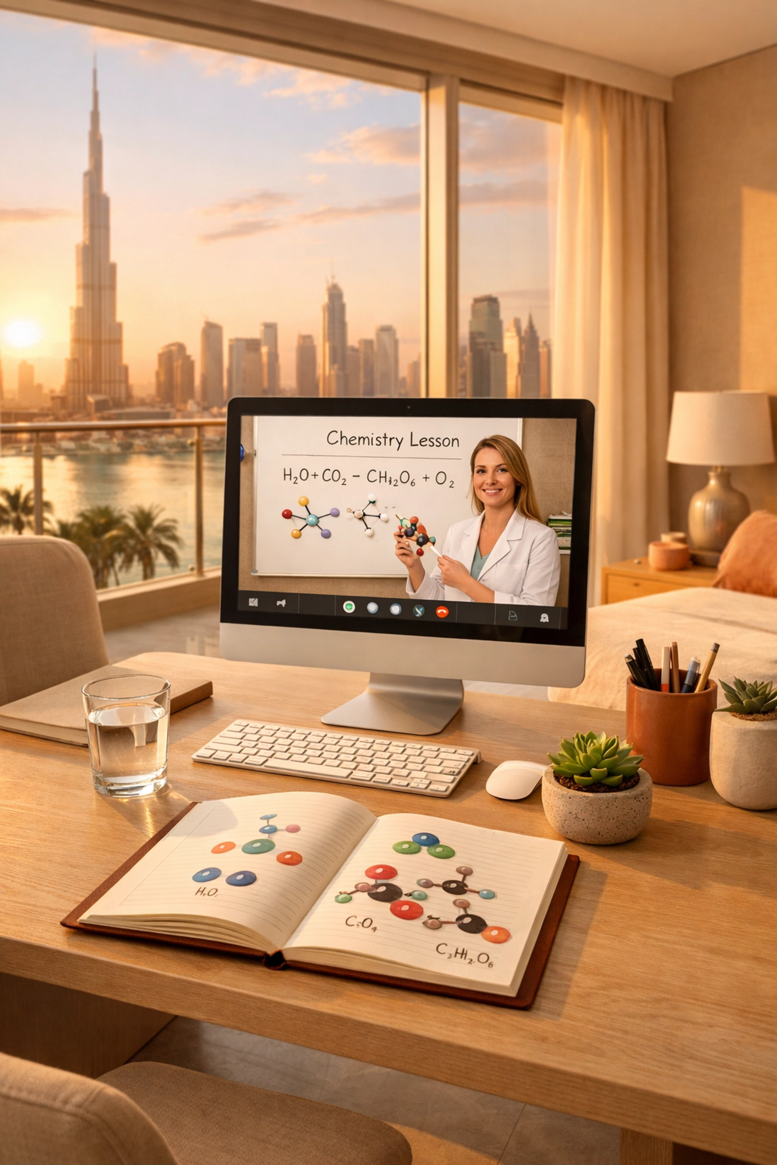 Online chemistry tutoring session in Dubai home study space with video call