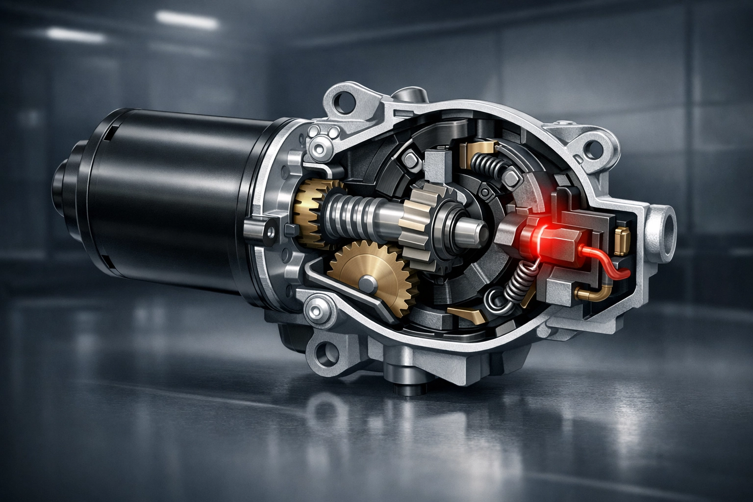Technical illustration of a Ford wiper motor assembly showing the hardware failure causing the recall.