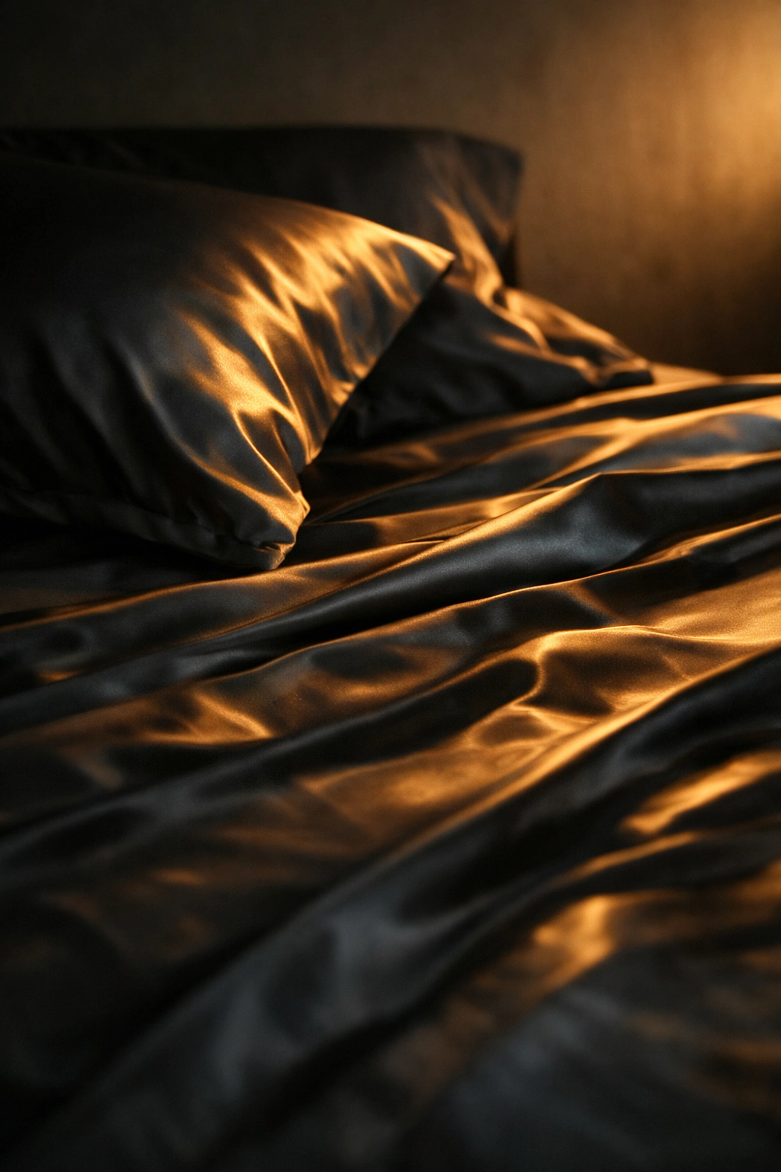 High-end dark bedding in a minimalist room representing deep sleep recovery and restorative rest.