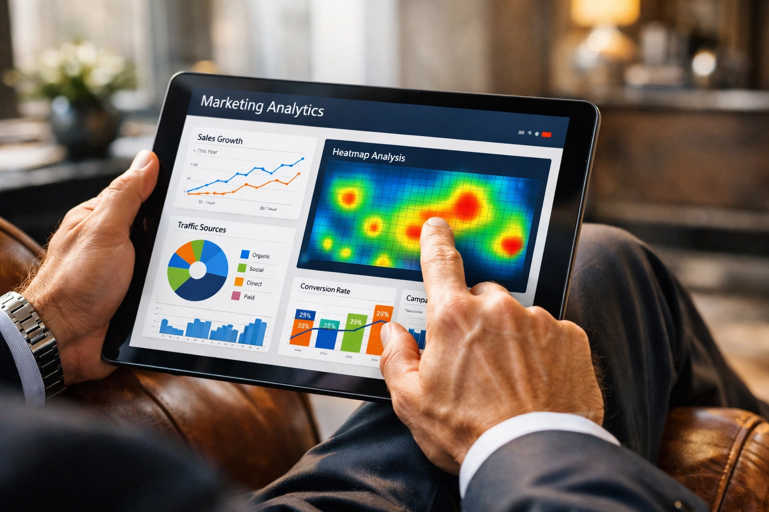 The Executive’s Guide to Mastering the Super Bowl Branding Blitz Executive reviewing marketing analytics and brand performance data on a tablet in a modern office.