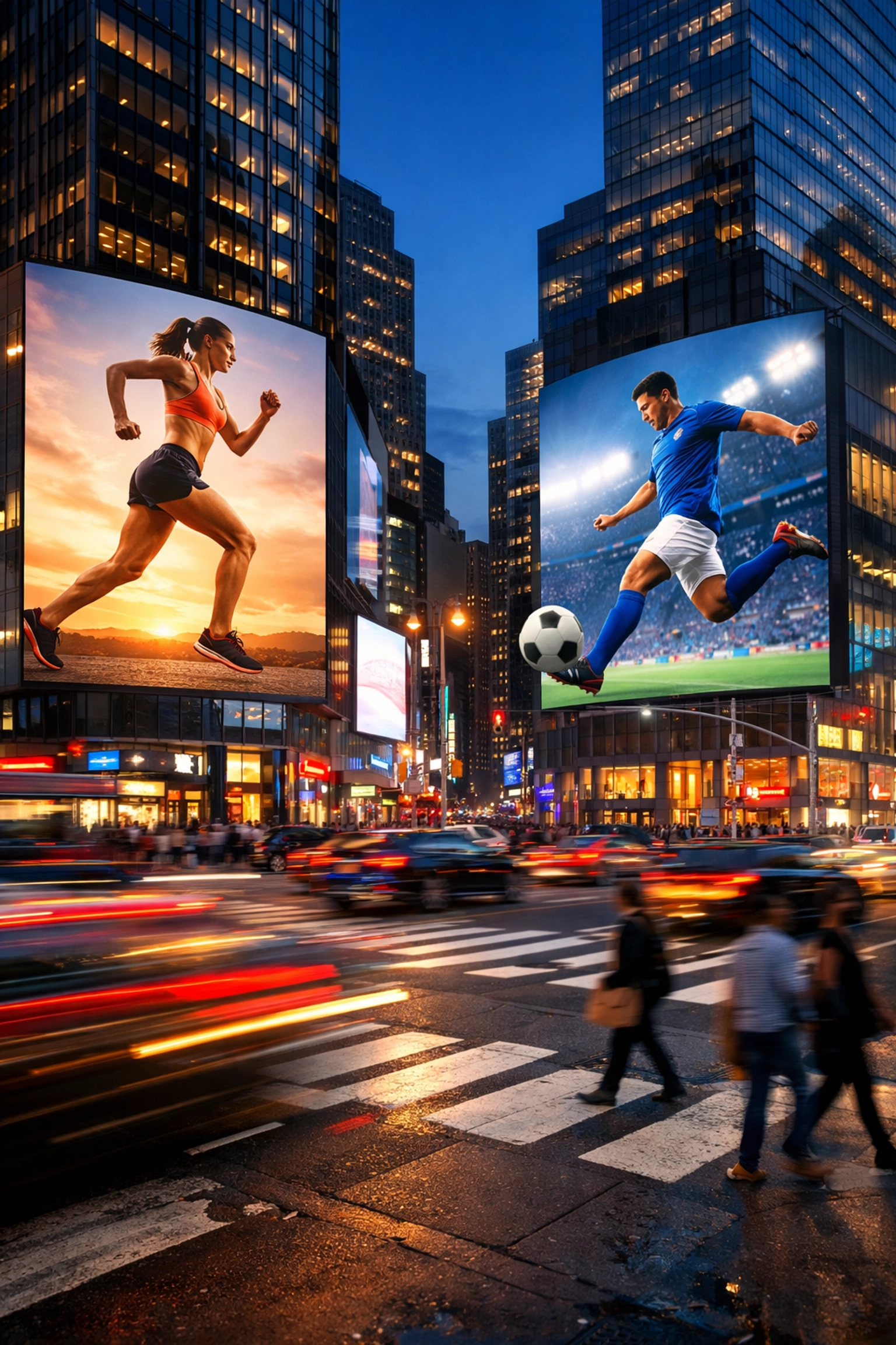 Digital billboards displaying high-resolution sports advertising in a busy metropolitan city intersection.