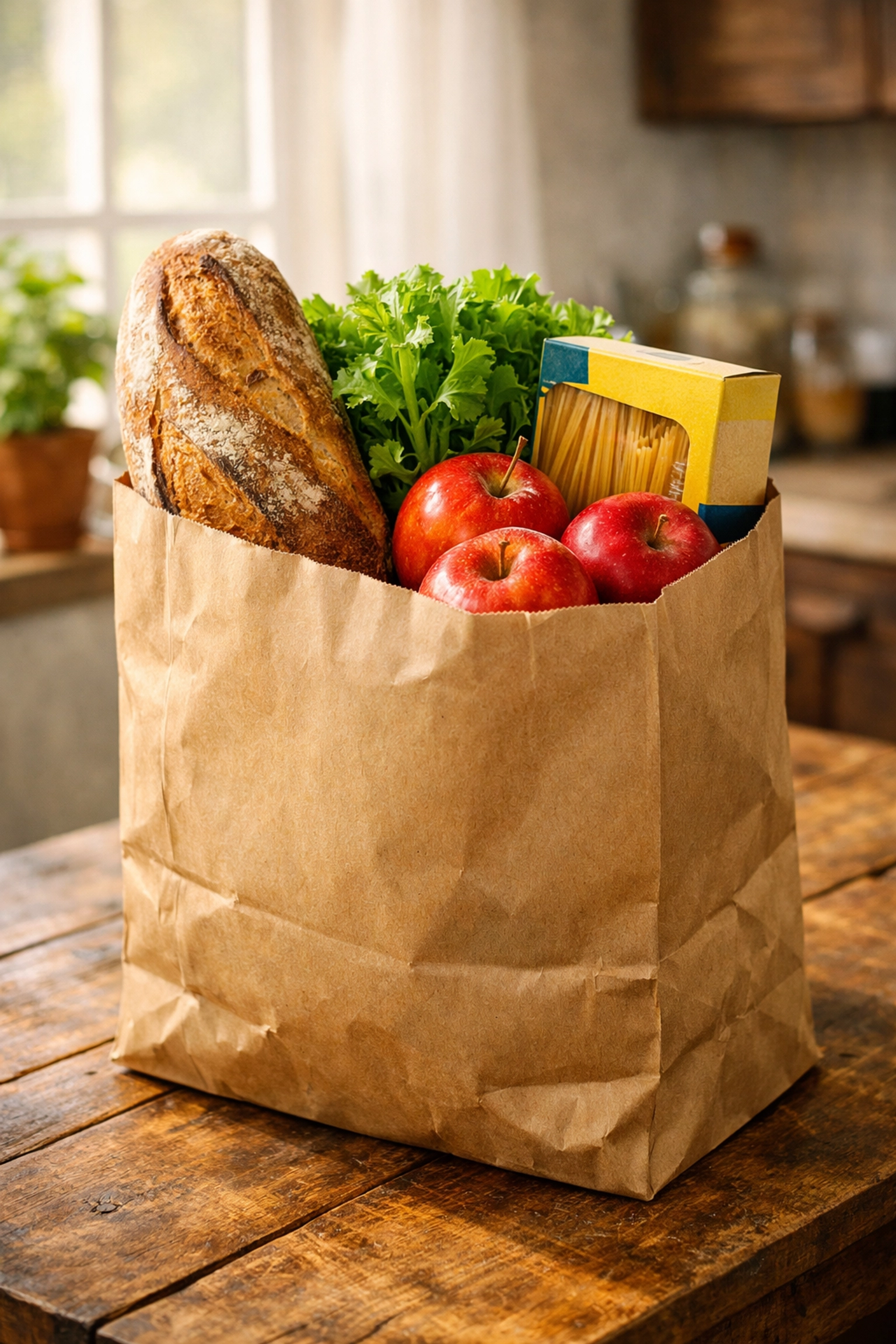 Emergency food assistance in New Jersey represented by a bag of fresh groceries on a kitchen table.