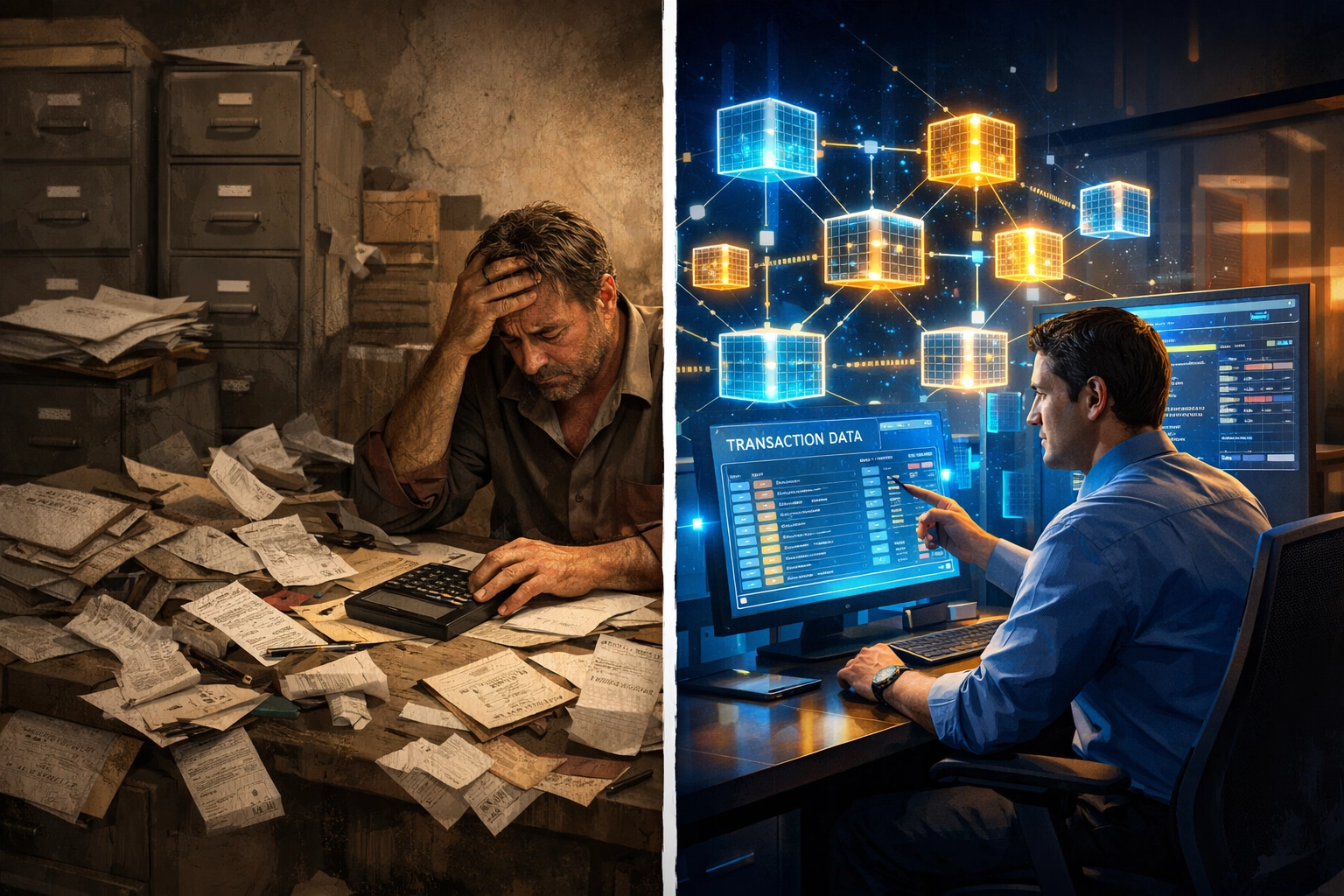 Comparison of paper receipts chaos versus organized blockchain transaction records system