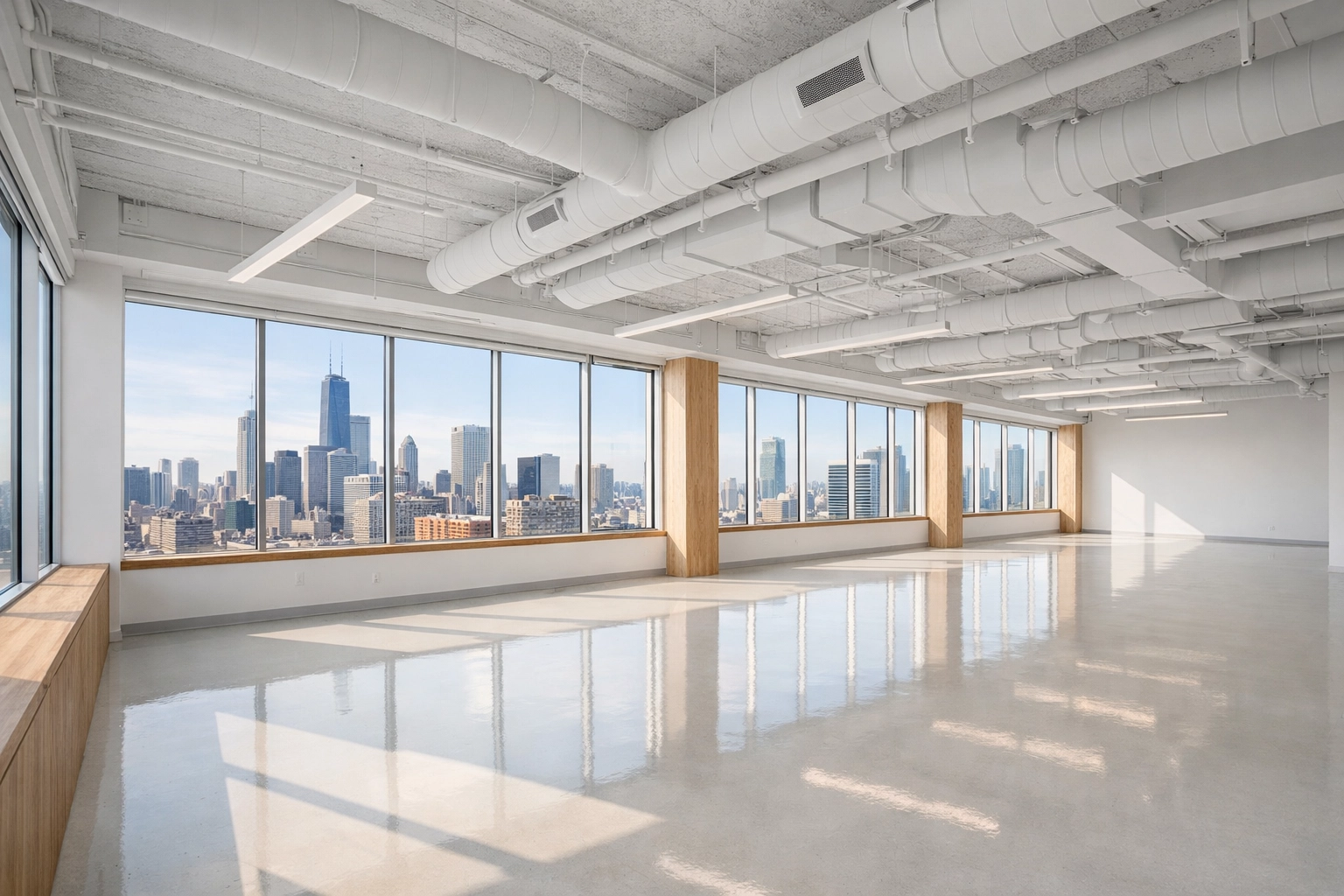 Empty modern office suite with Chicago skyline prepared for new tenants