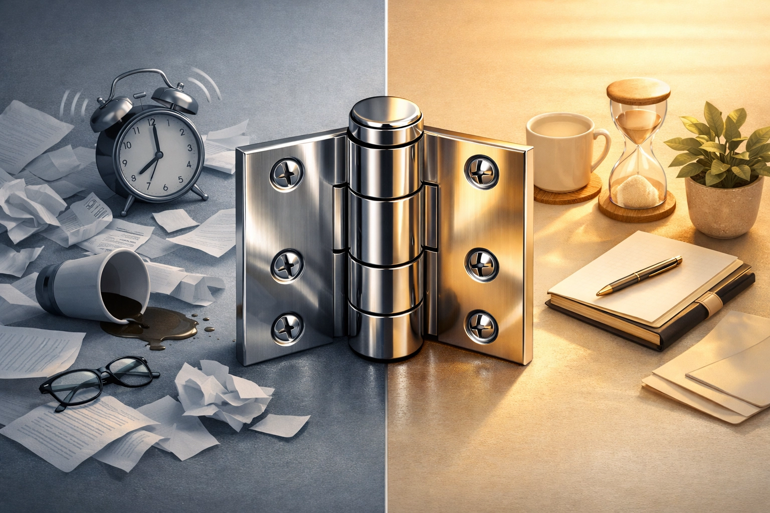 Visual pivot point showing morning chaos transforming into afternoon calm and organization