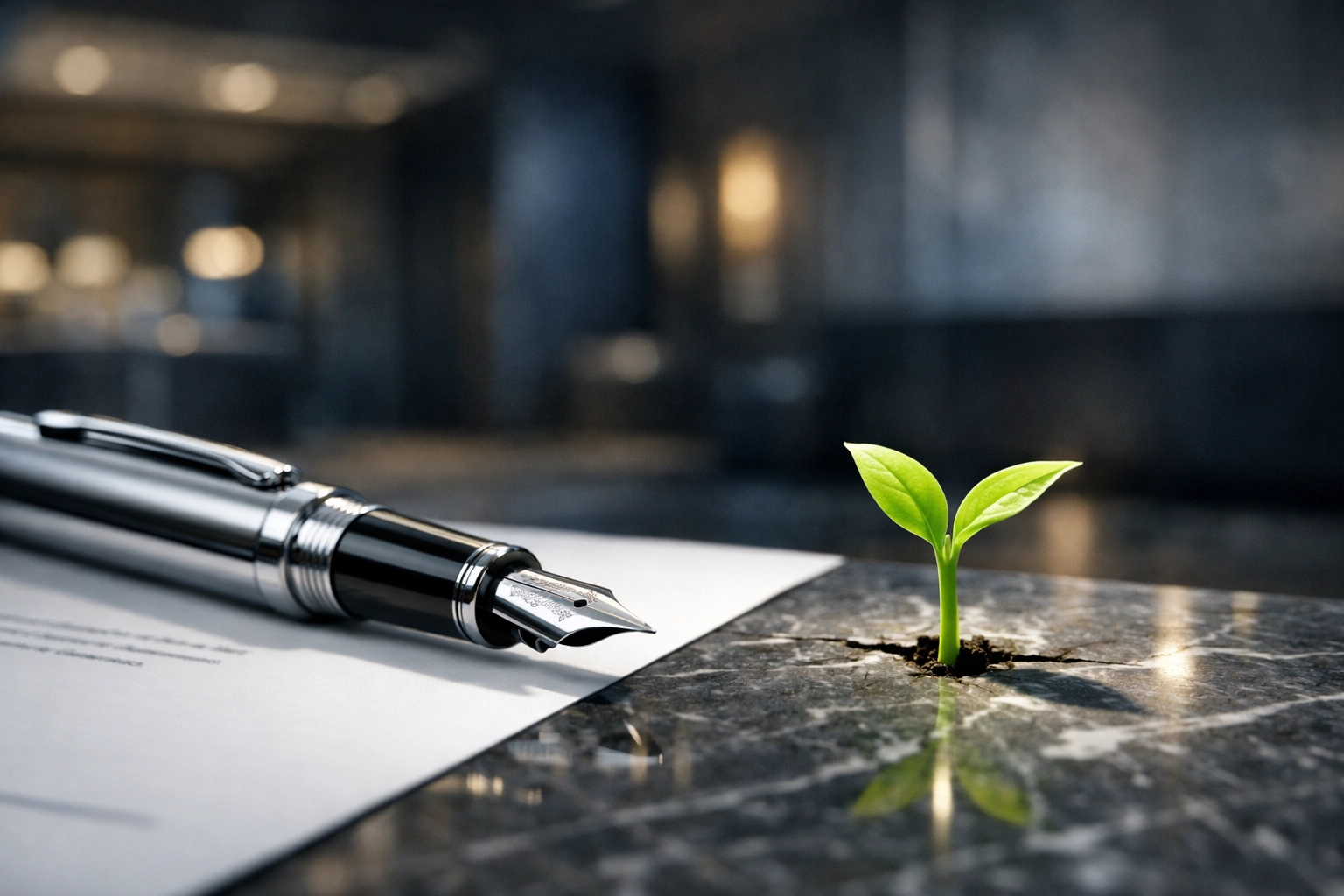 A silver pen and a growing plant symbolizing business growth and invoice factoring benefits.
