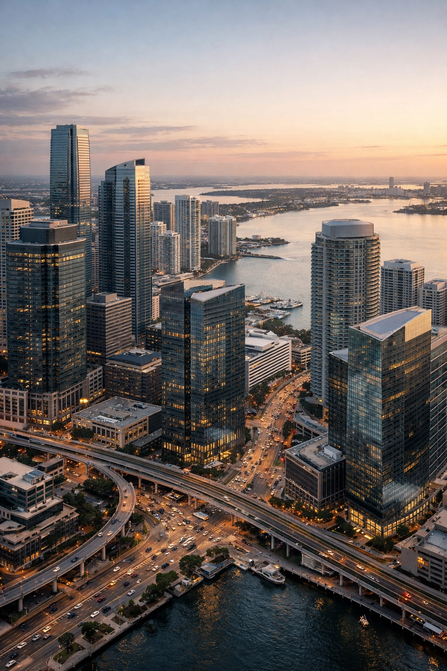 Aerial view of Miami commercial real estate district with modern office towers and waterfront