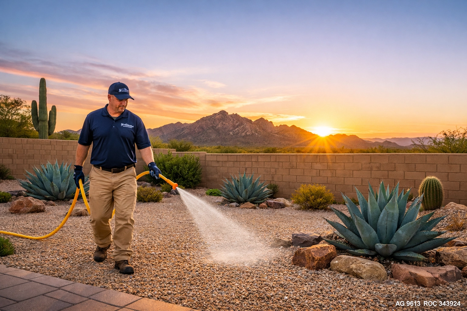 Professional weed control treatment in a Marana backyard near Dove Mountain by Bucksworth Home Services.