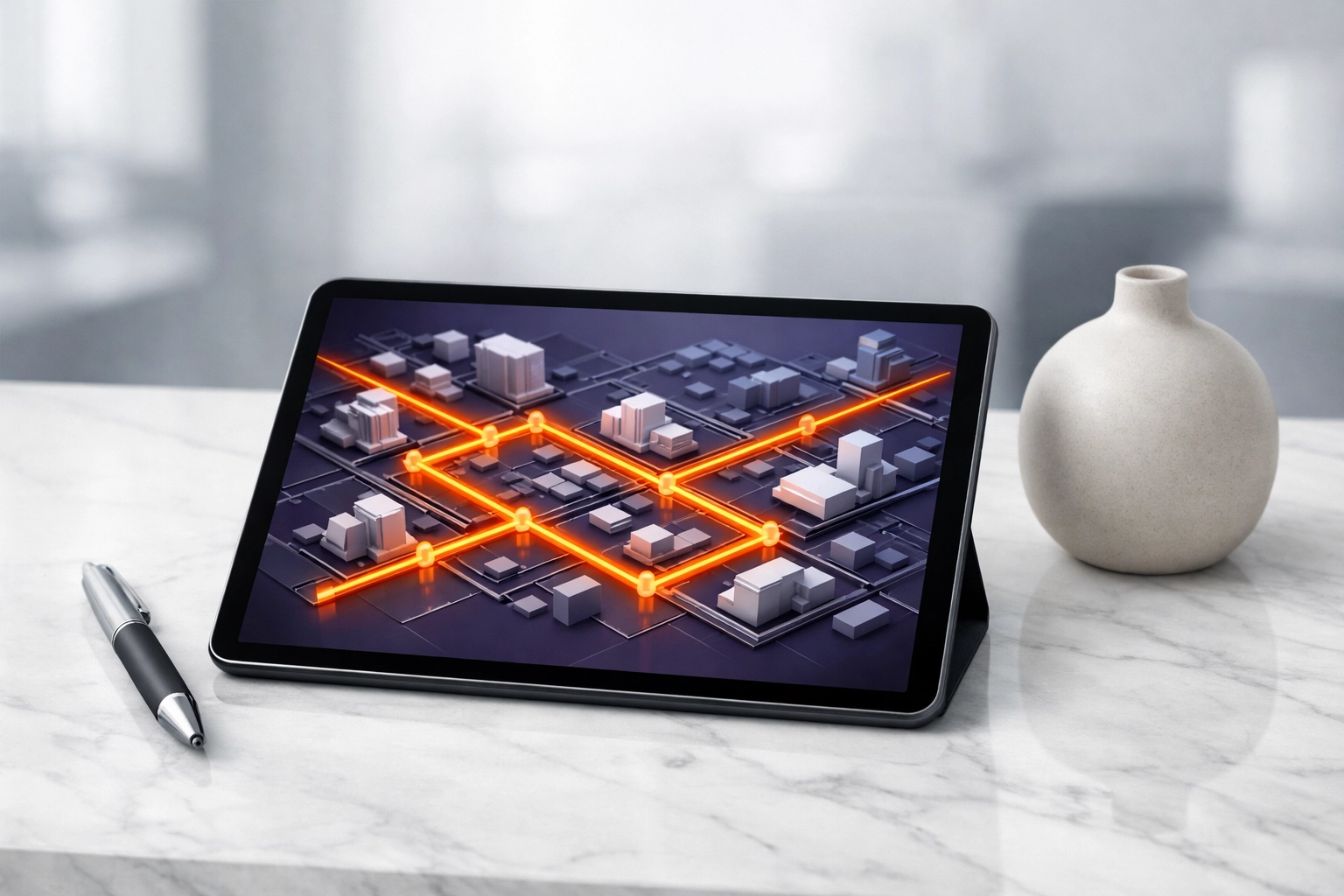 Digital map of strategic pathways on a tablet for building a modern media strategy in the AI era.