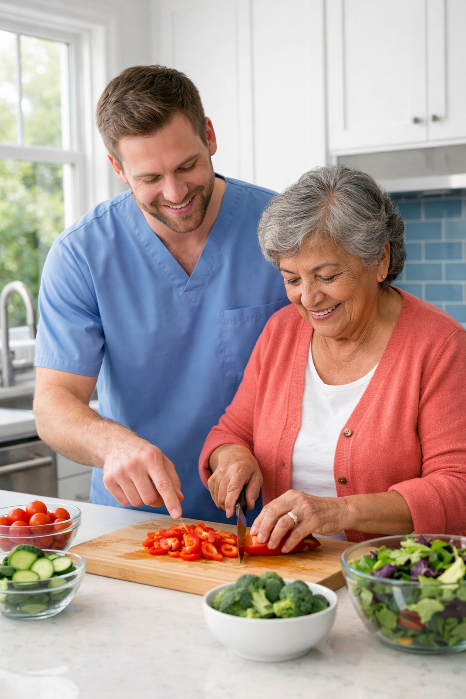 Home care assistant helping senior prepare healthy meal in kitchen