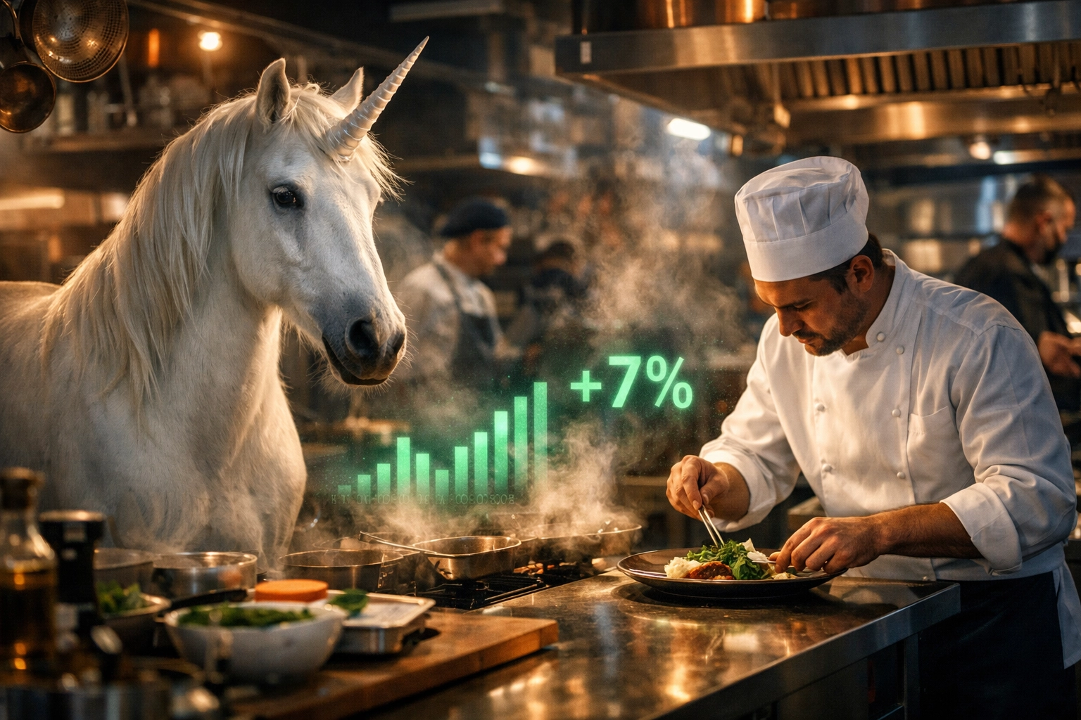A unicorn in a busy kitchen symbolizing 7 percent revenue growth from restaurant video analytics.