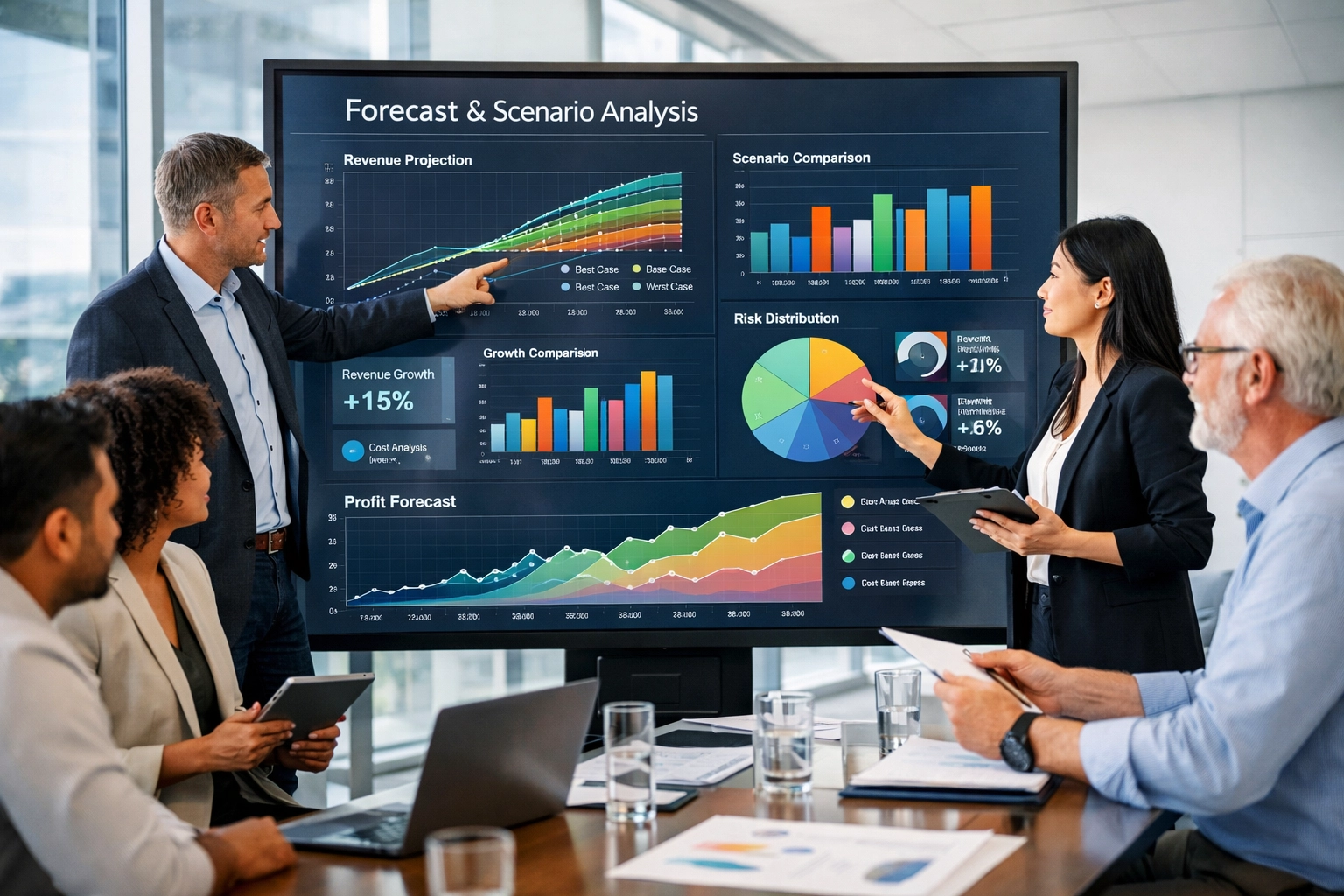 Finance team collaborating on real-time dashboards and predictive forecasting for EBITDA growth
