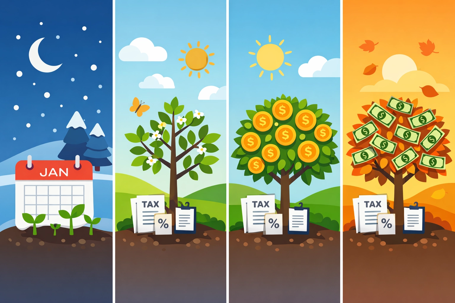 Year-round tax planning calendar growing into money tree showing refund growth throughout the year