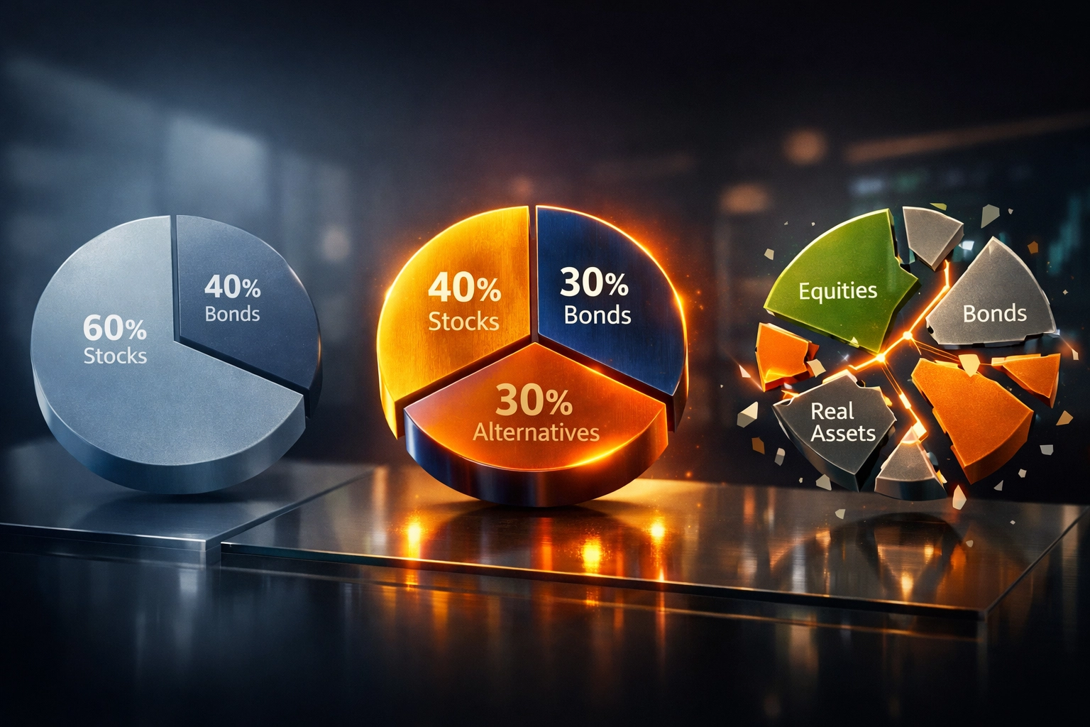Portfolio allocation comparison showing traditional 60/40 vs modern 40/30/30 framework with Bitcoin integration