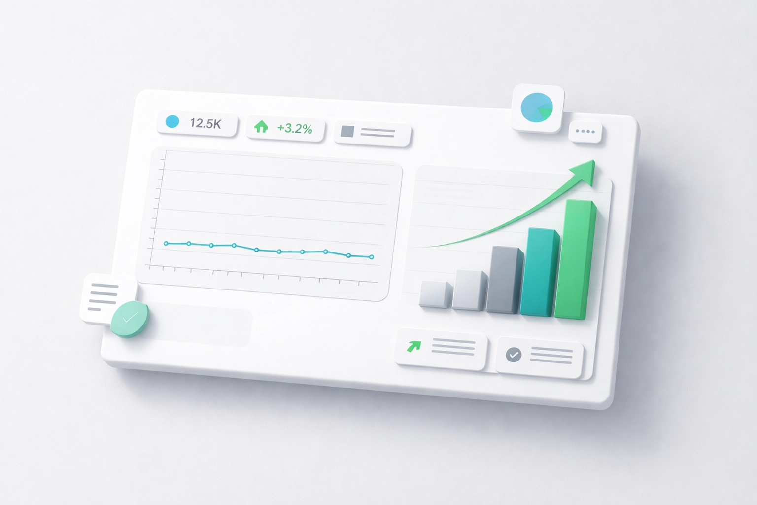 Minimal dashboard graphic showing flat website traffic with rising business growth bars, illustrating modern SEO metrics for business owners